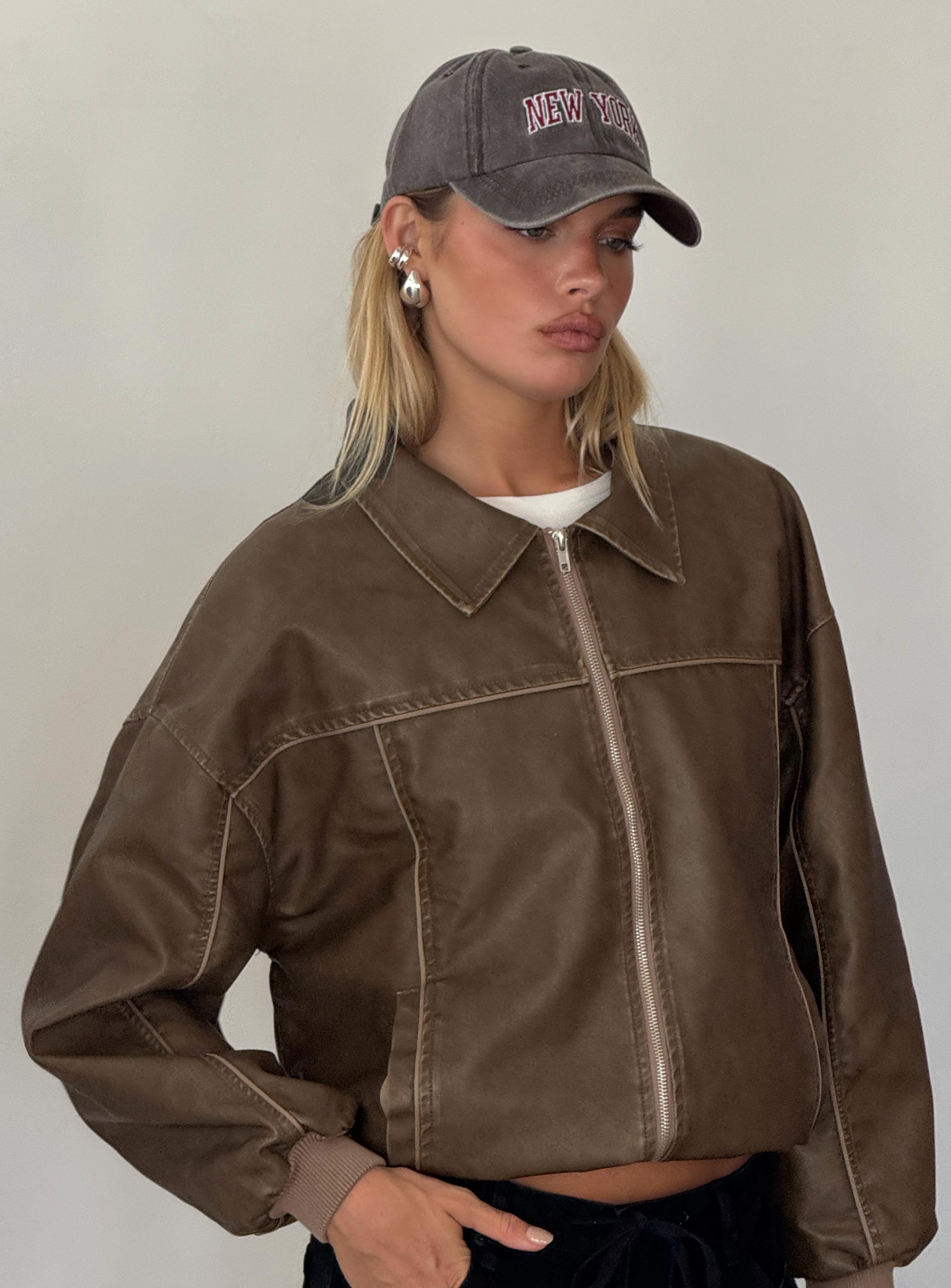 Goldsmith Faux Leather Bomber Jacket Washed Dark Brown