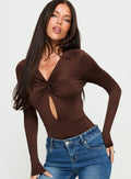 Vennie Twist Front Long Sleeve Bodysuit Brown