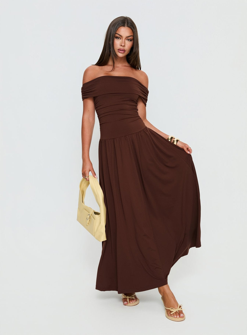 Katalia Off Shoulder Maxi Dress Chocolate Brown