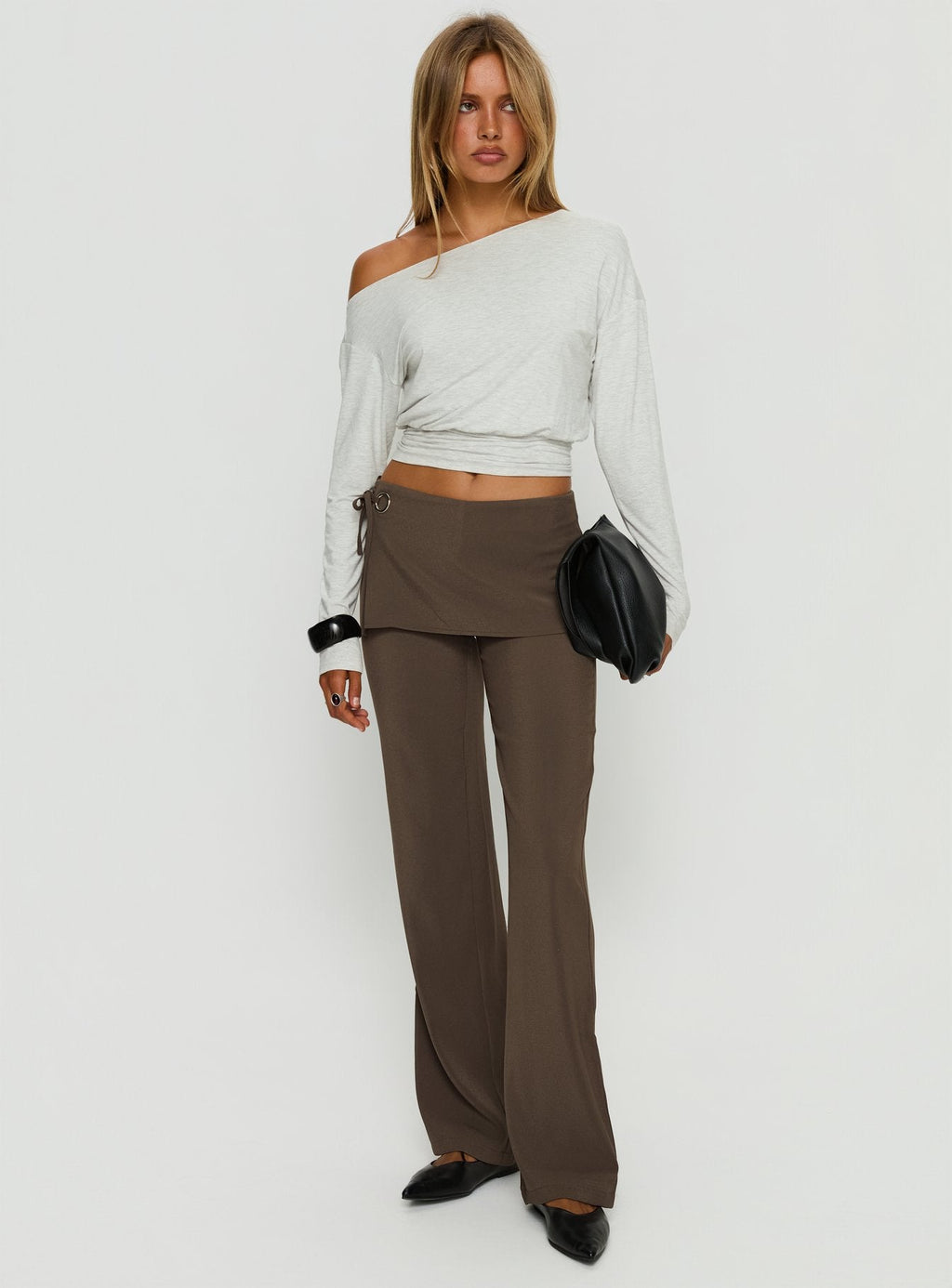 Ashlinn Off Shoulder Long Sleeve Drapey Top Grey Marle