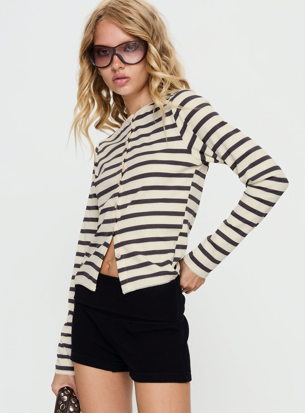 Marvella Button Up Long sleeve Top Dark Grey / Cream Stripe