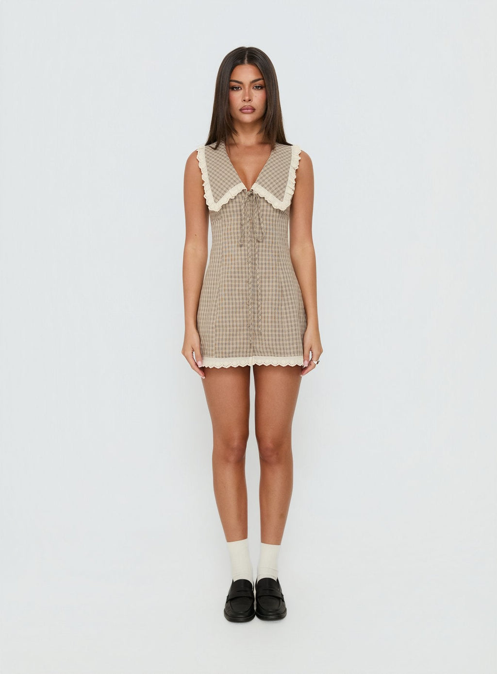 Mayci Collared Lace Trim Playsuit Brown Check