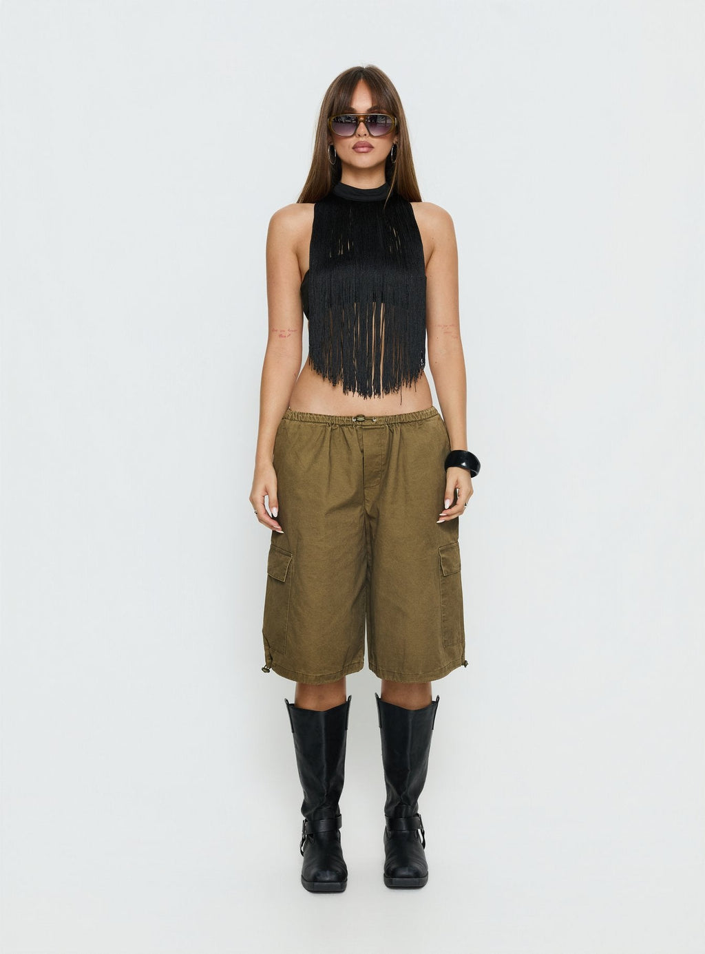 Zephyrine Fringe Asymmetrical Halter Top Black