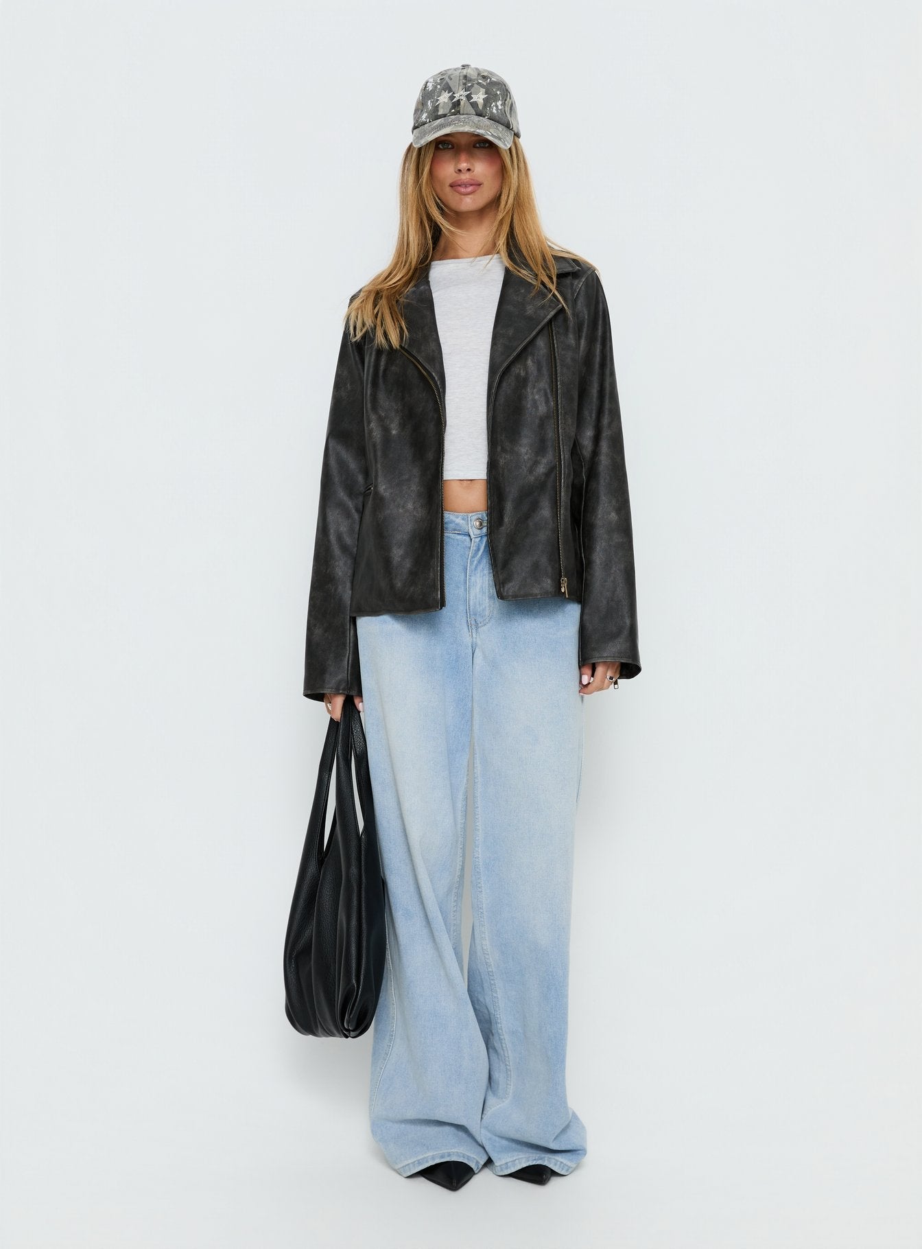 Vyolette Faux Leather Collared Jacket Washed Black