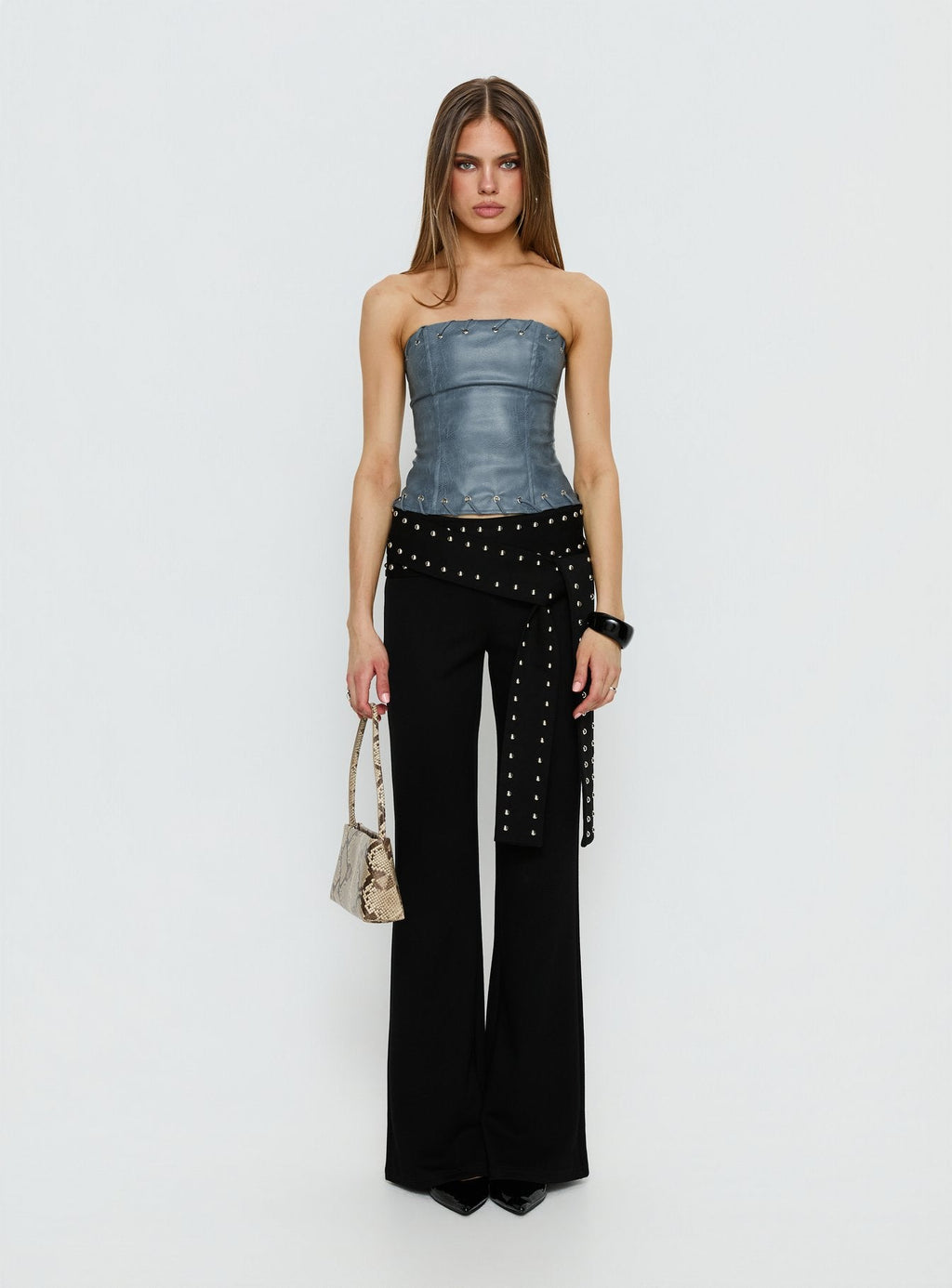Pammie Faux Leather Strapless Top Blue