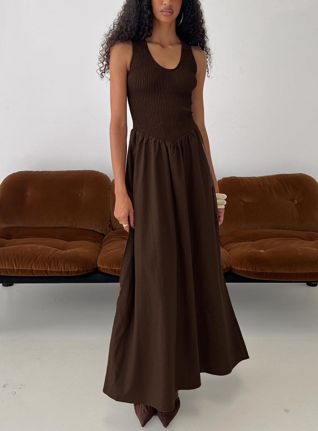 Highgate Drop Waist Pleat Detail Maxi Dress Chocolate