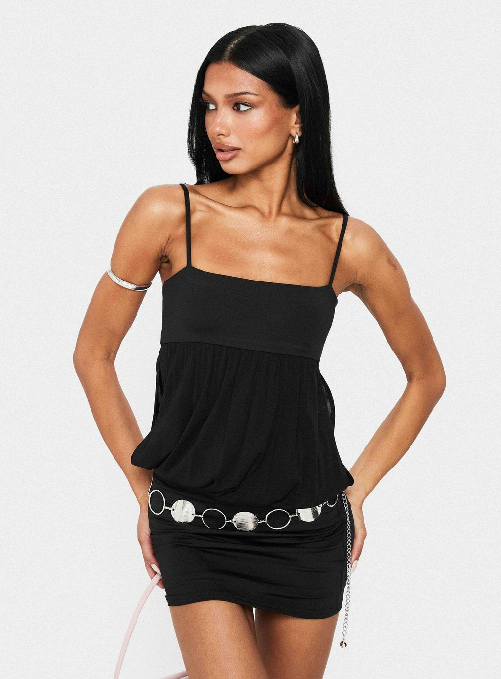 Franciska Sheer Blouson Mini Dress Black