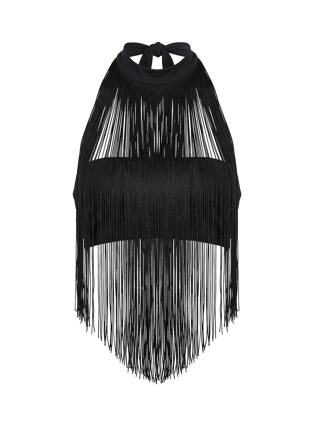 Zephyrine Fringe Asymmetrical Halter Top Black
