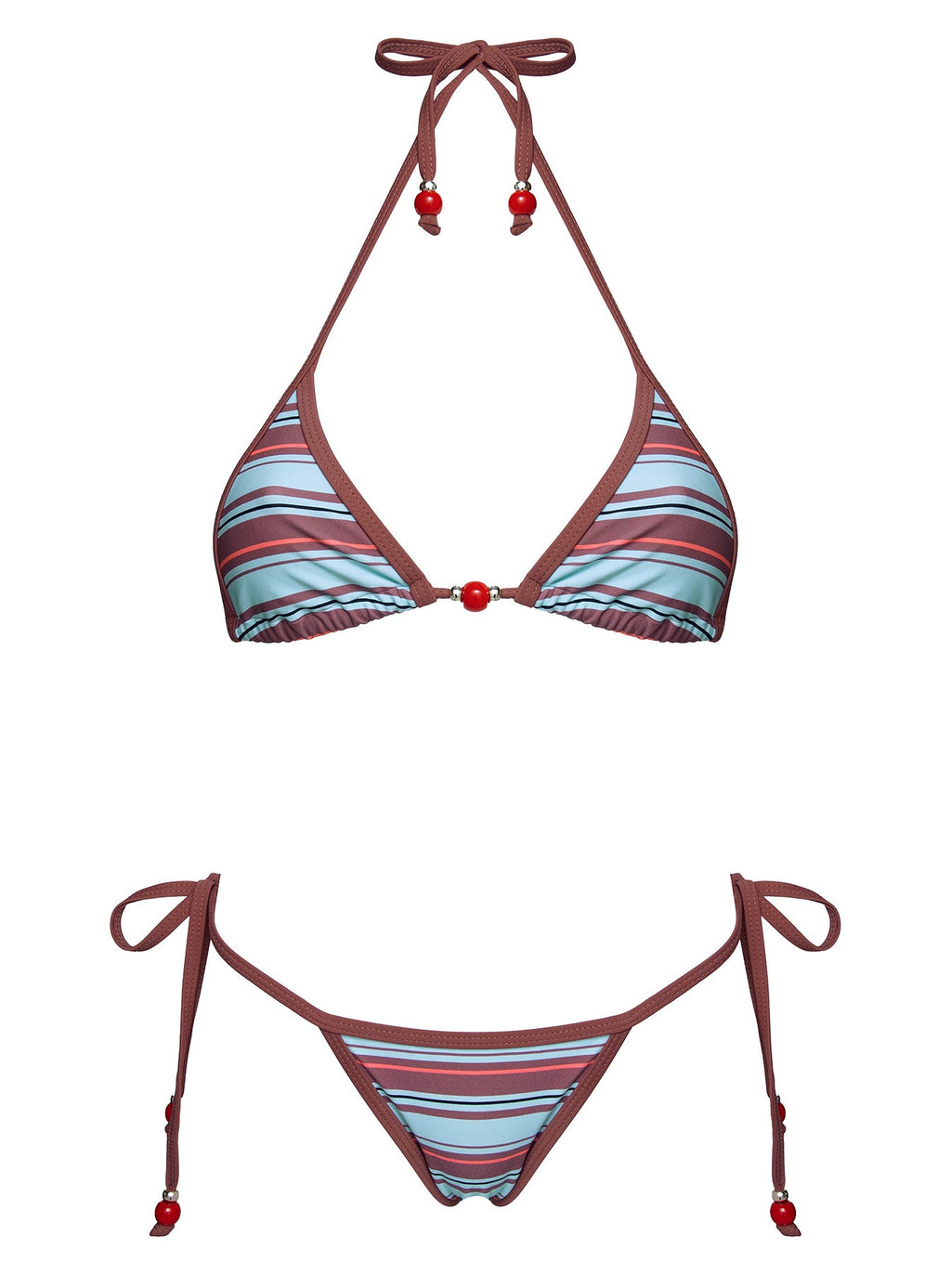 Mikaya Beaded Triangle Bikini Top Blue / Brown Stripe
